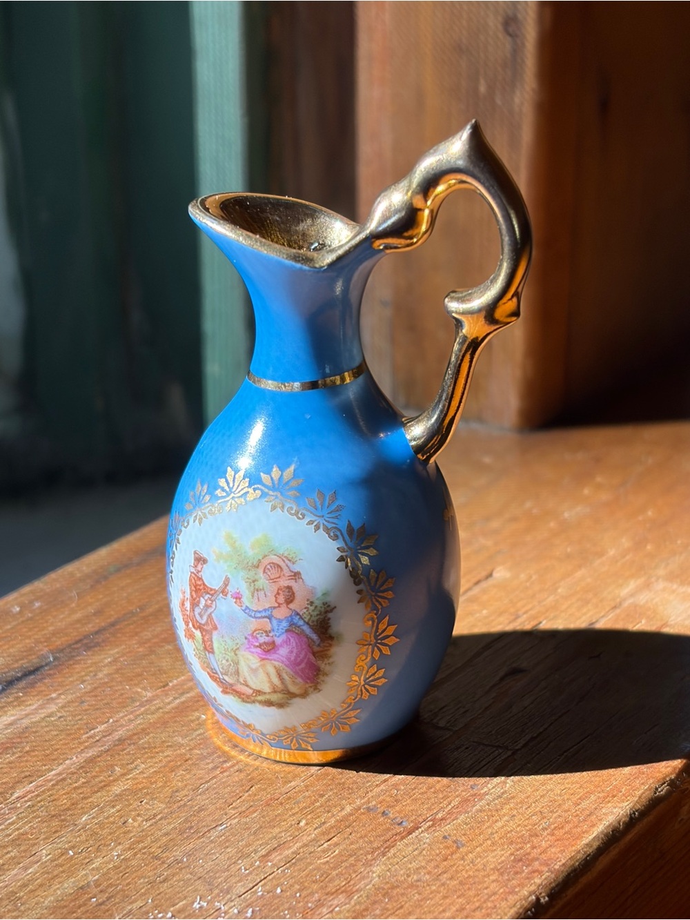 Vintage Limoges France Miniature Porcelain Pitcher Ewer Blue Gold Courtship